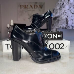 New Church’s Black Leather Cap Toe Lace Up High Heel Oxford Pumps Womens 34.5